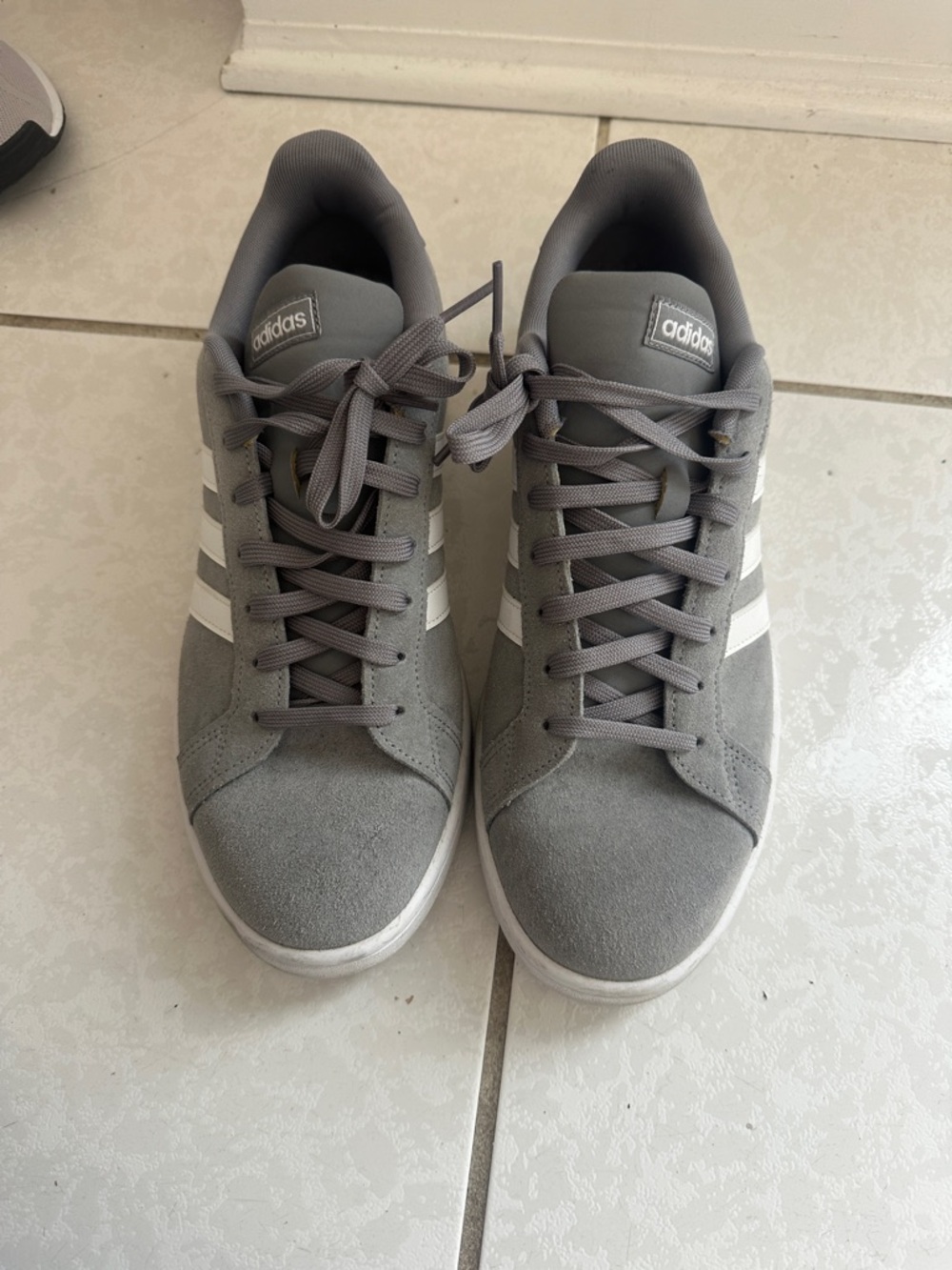 adidas Grey Suede Sneakers with White Stripes